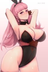 Rule 34 | 1girl, absurdres, animal ears, arms behind head, arms up, artist name, blush, breasts, rabbit ears, cleavage, closed mouth, earrings, fake animal ears, female focus, fire emblem, fire emblem: three houses, highleg, highleg leotard, highres, hilda valentine goneril, jewelry, large breasts, leotard, long hair, looking at viewer, matching hair/eyes, narrow waist, nintendo, pink eyes, pink hair, playboy bunny, ponytail, simple background, skindentation, smile, solo, thick thighs, thighhighs, thighs, wide hips, zelc-face