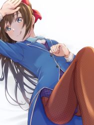 Rule 34 | 1girl, :q, blue bow, blue bowtie, blue coat, blue eyes, bow, bowtie, brown hair, brown pantyhose, coat, commentary, curled fingers, fishnet pantyhose, fishnets, hand up, knee up, leotard, long hair, love live!, love live! nijigasaki high school idol club, lying, on back, osaka shizuku, pantyhose, solo, supra is black (altea), tailcoat, tongue, tongue out, white background