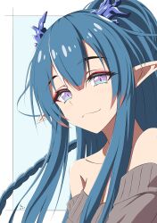 Rule 34 | 1girl, :3, absurdres, arknights, bare shoulders, blue eyes, blue hair, brown sweater, commentary, dated, diamond-shaped pupils, diamond (shape), dragon girl, dragon horns, gradient eyes, half-closed eyes, highres, horns, ling (arknights), long hair, looking at viewer, multicolored eyes, off-shoulder sweater, off shoulder, pointy ears, purple eyes, solo, sweater, symbol-shaped pupils, thundradrawings
