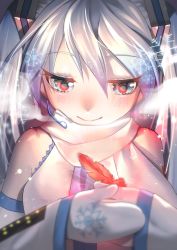Rule 34 | 1girl, blue eyes, blue hair, blue necktie, commentary, detached sleeves, feathers, glowing feather, gouya daifuku, hair ornament, hatsune miku, headset, highres, holding, holding feather, light blue hair, long hair, looking down, necktie, red feathers, scarf, shirt, sleeveless, sleeveless shirt, smile, snowflake print, snowflakes, solo, twintails, upper body, vocaloid, white scarf, white shirt, white sleeves, yuki miku, yuki miku (2011)