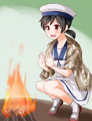 Rule 34 | 1girl, anti (untea9), black hair, brown shawl, campfire, commentary request, dress, full body, hat, hiburi (kancolle), highres, kantai collection, open mouth, ponytail, red eyes, sailor collar, sailor dress, sailor hat, shawl, shoes, short hair, short ponytail, smile, solo, squatting, twitter username, uwabaki, warming, white dress, white hat