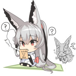 Rule 34 | &gt; &lt;, 2girls, ?, animal ear fluff, animal ears, barefoot, closed eyes, closed mouth, flying sweatdrops, fox ears, fox girl, fox tail, grey hair, hair between eyes, high ponytail, holding, japanese clothes, kimono, long hair, long sleeves, multiple girls, open mouth, original, patch, ponytail, red eyes, romaji text, smoke, spoken question mark, tail, very long hair, white background, white kimono, wide sleeves, yuuji (yukimimi)