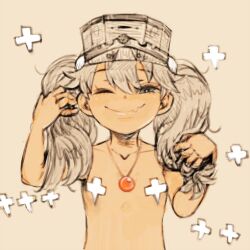 Rule 34 | 1girl, commentary request, fang, flat chest, fujinozu, hat, jewelry, kantai collection, long hair, looking at viewer, necklace, one eye closed, pasties, ryuujou (kancolle), shikigami, simple background, sketch, skin fang, smile, solo, twintails, upper body
