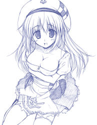Rule 34 | 1girl, arin, beret, breasts, cleavage, graphite (medium), hat, luna lia, monochrome, pangya, sketch, solo, thighhighs, traditional media