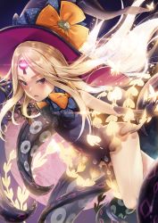 Rule 34 | 1girl, abigail williams (fate), abigail williams (second ascension) (fate), arms at sides, black dress, black hat, blonde hair, blue eyes, blush, bow, casual one-piece swimsuit, collarbone, commentary request, covered navel, cowboy shot, dress, fate/grand order, fate (series), full moon, glowing, glowing hair, hat, highres, keyhole, long hair, looking at viewer, moon, one-piece swimsuit, orange bow, parted bangs, purple bow, rainmaker, red eyes, solo, suction cups, swimsuit, tentacles, thighs, very long hair, witch hat