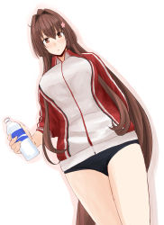 Rule 34 | 1girl, black panties, bottle, breasts, brown eyes, brown hair, flower, from below, grey jacket, hair flower, hair ornament, holding, holding bottle, jacket, kantai collection, large breasts, long hair, looking at viewer, multicolored clothes, multicolored jacket, panties, ponytail, red jacket, shadow, sidelocks, simple background, solo, standing, takase asagiri, track jacket, track suit, two-tone jacket, underwear, upper body, water bottle, white background, yamato (kancolle)