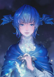 Rule 34 | 1girl, absurdres, blue capelet, blue eyes, blue hair, cam (cammero95713700), capelet, crying, crying with eyes open, feathered wings, final fantasy, final fantasy xiv, flower, grey background, head wings, highres, holding, holding flower, looking at viewer, meteion, short hair, solo, tears, upper body, wing ears, wings