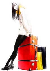 Rule 34 | 1girl, black eyes, black hair, black pantyhose, coat, full body, head tilt, high heels, highres, long hair, looking up, luggage, open mouth, orange scarf, original, pantyhose, scarf, shoes, simple background, sitting, sitting on object, solo, sousou (sousouworks), suitcase, white background