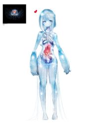 Rule 34 | 1girl, arms at sides, blue eyes, blue skin, colored skin, fewer digits, full body, heart, jellyfish, jellyfish girl, looking at viewer, medium hair, monster girl, my700, nude, original, oversized forearms, oversized limbs, photo inset, reference inset, reference photo, see-through, skeleton, smile, solo, see-through body, transparent, white background