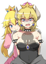 2girls armband armlet arms_behind_back blonde_hair blue_eyes bowsette breasts brooch cleavage collar crown dress earrings elbow_gloves eyebrows gloves hands_on_another&#039;s_shoulders horns jewelry large_breasts long_hair mario_(series) multiple_girls new_super_mario_bros._u_deluxe nintendo pink_dress princess_peach shadow sharp_teeth spiked_armlet spiked_collar spikes super_crown teeth tori_(minamopa) white_gloves