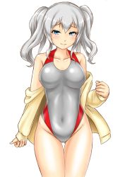 Rule 34 | 1girl, blue eyes, blush, breasts, collarbone, competition swimsuit, covered navel, gluteal fold, grey one-piece swimsuit, hair between eyes, highleg, highleg swimsuit, impossible clothes, impossible swimsuit, jacket, kantai collection, kashima (kancolle), kudou (ooabareteng), large breasts, looking at viewer, one-piece swimsuit, red one-piece swimsuit, silver hair, simple background, solo, swimsuit, swimsuit under clothes, twintails, two-tone swimsuit, wavy hair, white background, yellow jacket
