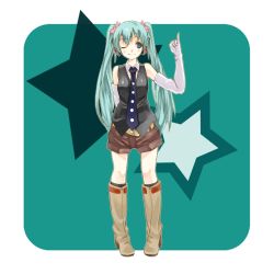 Rule 34 | 1girl, aqua eyes, blue eyes, boots, elbow gloves, gan, gloves, hatsune miku, long hair, necktie, one eye closed, pinky out, senri gan, shorts, smile, solo, twintails, vocaloid, wink
