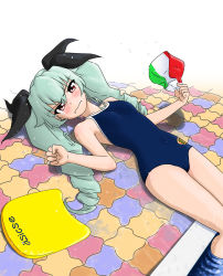Rule 34 | 10s, 1girl, anchovy (girls und panzer), aqua hair, blue one-piece swimsuit, brown eyes, competition school swimsuit, drill hair, flag print, frown, girls und panzer, hair between eyes, hair ribbon, hat, highres, italian flag, kickboard, legs together, long hair, lying, narrow waist, one-piece swimsuit, pool, ribbon, school swimsuit, scowl, solo, striped clothes, striped headwear, swim cap, swimsuit, tears, thighs, twin drills, twintails, very long hair, yamucya01