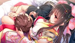 Rule 34 | 1boy, 1girl, belt, black shirt, blush, breasts, brown eyes, brown hair, character request, dutch angle, ear cleaning, floral print, flower, from above, game cg, hair flower, hair ornament, hair ribbon, hand on another&#039;s leg, highres, indoors, japanese clothes, kimono, large breasts, long hair, lying, mimikaki, official art, on bed, on side, protagonist (x-overd), red ribbon, ribbon, shirt, sidelocks, smile, very long hair, x-overd