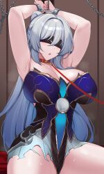 Rule 34 | 1girl, absurdres, armpits, arms up, bare arms, bdsm, blindfold, blue dress, bondage, bound, breasts, chain, choker, cleavage, commentary request, cuffs, dress, grey hair, highres, honkai: star rail, honkai (series), jingliu (honkai: star rail), kanta (kanta 077), large breasts, leash, open mouth, red choker, shackles, solo, strapless, strapless dress