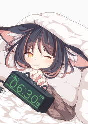 Rule 34 | 1girl, animal ear fluff, animal ears, bed sheet, black hair, blanket, brown eyes, brown hair, brown sweater, cable, clock, closed mouth, commentary request, daidai ookami, digital clock, dutch angle, grey background, highres, long sleeves, multicolored hair, one eye closed, original, ribbed sweater, simple background, solo, streaked hair, sweater, under covers, wide sleeves