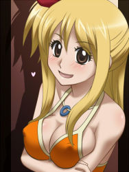 Rule 34 | 1girl, awa, blonde hair, blush, breasts, brown eyes, cleavage, fairy tail, female focus, gradient background, heart, lucy heartfilia, solo, upper body