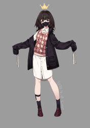 Rule 34 | 1girl, argyle, artist name, black hair, black jacket, black socks, breasts, brown eyes, brown footwear, collared shirt, dated, dress shirt, full body, grey background, highres, jacket, litsvn, loafers, long hair, long shirt, long sleeves, looking at viewer, mask, mouth mask, original, oversized clothes, shirt, shoes, signature, simple background, sleeves past fingers, sleeves past wrists, small breasts, socks, solo, standing, sweater vest, white shirt