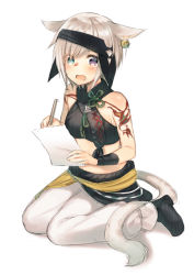 Rule 34 | 1girl, animal ears, arm tattoo, bare shoulders, bell, black footwear, black shirt, blue eyes, blush, cat ears, cat girl, cat tail, commentary request, crop top, eyes visible through hair, final fantasy, final fantasy xiv, hair bell, hair ornament, hair over one eye, heterochromia, holding, holding paper, jingle bell, looking at viewer, midorikawa you, miqo&#039;te, open mouth, pants, paper, puffy pants, purple eyes, scar on cheek, shirt, shoes, short hair, sidelocks, simple background, sitting, sleeveless, sleeveless shirt, solo, tail, tattoo, wariza, white background, white hair, white pants