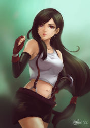 Rule 34 | 1girl, black hair, breasts, brown eyes, earrings, elbow gloves, elbow pads, felia hanakata, final fantasy, final fantasy vii, fingerless gloves, gloves, jewelry, large breasts, long hair, low-tied long hair, midriff, miniskirt, navel, pencil skirt, red eyes, shirt, skirt, solo, suspender skirt, suspenders, tank top, taut clothes, taut shirt, tifa lockhart