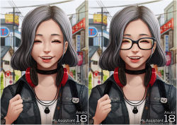 Rule 34 | 1girl, artist name, asuka (ms.assistant), backpack, bag, black-framed eyewear, black choker, black jacket, blouse, building, character name, choker, day, denim, denim jacket, closed eyes, glasses, grey hair, grin, hand up, headphones, headphones around neck, jacket, jewelry, lips, magion02, ms.assistant, necklace, open mouth, parted lips, power, realistic, shirt, short hair, smile, sunlight, teeth, utility pole, variations, white shirt