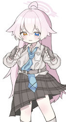 Rule 34 | 1girl, absurdres, ahoge, black gloves, blue archive, blue eyes, blue necktie, blush, codename jaroa, collared shirt, commentary request, feet out of frame, fingerless gloves, gloves, grey skirt, hair between eyes, halo, heterochromia, highres, hoshino (blue archive), long hair, long sleeves, looking at viewer, necktie, orange eyes, oversized clothes, oversized shirt, parted lips, pink hair, plaid, plaid skirt, pleated skirt, puffy long sleeves, puffy sleeves, shirt, simple background, skirt, socks, solo, standing, tears, very long hair, white background, white shirt, white socks