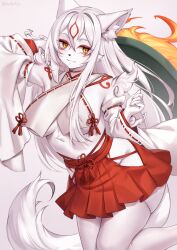 Rule 34 | 1girl, amaterasu (ookami), animal ears, animal nose, bodypaint, breasts, closed mouth, colored skin, detached sleeves, facepaint, furry, furry female, hair between eyes, hakama, highres, iwbitu, japanese clothes, large breasts, layered sleeves, long hair, looking at viewer, nontraditional miko, ookami (game), red hakama, solo, standing, underboob, white hair, white skin, white sleeves, wide sleeves, yellow eyes