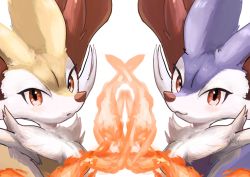 Rule 34 | 2girls, :3, alternate color, animal ear fluff, animal ears, arm up, armpits, artist name, blush, braixen, closed mouth, creatures (company), fang, female focus, fire, fox ears, fox girl, furry, furry female, game freak, gen 6 pokemon, highres, ikei, jpeg artifacts, looking at viewer, multiple girls, nintendo, open mouth, pokemon, pokemon (creature), purple fur, red eyes, shiny pokemon, signature, simple background, smile, symmetry, upper body, white background, yellow fur