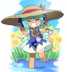 Rule 34 | 1girl, barefoot, blue bow, blue dress, blue hair, blush, bow, cirno, commentary, dress, closed eyes, facing viewer, flower, grin, hair bow, hands on headwear, hat, hat ribbon, hidden star in four seasons, ice, ice wings, morning glory, moyazou (kitaguni moyashi seizoujo), nose blush, pink flower, red ribbon, ribbon, short hair, sleeveless, smile, solo, standing, standing on one leg, straw hat, summer, sunflower, tan, tanline, tanned cirno, touhou, wings