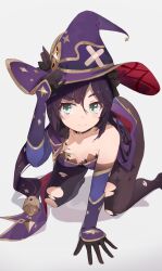 Rule 34 | 1girl, all fours, bare shoulders, black choker, black gloves, black hair, breasts, choker, collarbone, genshin impact, gloves, gold trim, green eyes, hand on headwear, hat, highres, mona (genshin impact), pantyhose, purple hair, purple hat, same (sendai623), simple background, small breasts, solo, sparkle print, torn clothes, torn pantyhose, twintails, white background, witch hat