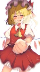 Rule 34 | 1girl, absurdres, aoyama tenchou, ascot, blonde hair, blush, breasts, chromatic aberration, collared shirt, cowboy shot, flandre scarlet, hat, highres, looking at viewer, medium hair, mob cap, motion blur, one side up, open mouth, puffy short sleeves, puffy sleeves, punching, red eyes, red skirt, red vest, shirt, short sleeves, skirt, skirt set, small breasts, solo, teeth, touhou, vest, white hat, white shirt, wings, wrist cuffs, yellow ascot