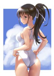 Rule 34 | 1girl, adjusting clothes, adjusting swimsuit, ass, blue sky, brown eyes, brown hair, cloud, commentary request, competition swimsuit, cowboy shot, day, split mouth, from behind, hair ribbon, hands on own hips, highres, katahira masashi, long hair, looking to the side, one-piece swimsuit, original, ponytail, ribbon, sky, smile, solo, swimsuit, white one-piece swimsuit