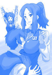 Rule 34 | &gt;o&lt;, 1boy, 2girls, arms up, between breasts, blue theme, blush, breast smother, breasts, commentary request, employee uniform, face between breasts, face to breasts, getsuyoubi no tawawa, head between breasts, jealous, kimi no na wa., large breasts, miyamizu mitsuha, monochrome, multiple girls, name tag, okudera miki, open mouth, parody, ponpon, ponytail, style parody, tachibana taki, uniform