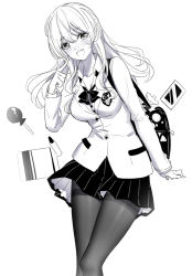 Rule 34 | 1girl, bag, blush, bookbag, collared shirt, cowboy shot, finger to mouth, greyscale, hair between eyes, leaning to the side, long hair, long sleeves, looking at viewer, monochrome, open mouth, original, pantyhose, ririko (zhuoyandesailaer), saegusa futaba, school uniform, shirt, shoulder bag, simple background, skirt, smile, solo, standing, white background