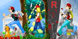 Rule 34 | 00s, 1990s (style), black hair, brown eyes, brown hair, bulbasaur, charmander, creatures (company), dual persona, game freak, gen 1 pokemon, nintendo, pixel art, pokemon, pokemon (creature), pokemon frlg, pokemon hgss, pokemon rgby, red (pokemon), red (pokemon frlg), red eyes, retro artstyle, squirtle, team rocket