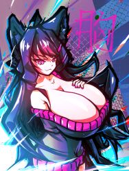 Rule 34 | 1girl, :3, absurdres, ahoge, animal ear fluff, animal ears, black hair, breasts, collarbone, crosshatching, floofsmear, fox ears, fox girl, hair intakes, hair ornament, hairclip, hand on own chest, hatching (texture), highres, kitsune, large breasts, long hair, looking at viewer, nail polish, red eyes, resolution mismatch, shirt, slit pupils, smile, smug, solo, source smaller, sweater, thick outlines