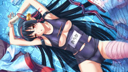 Rule 34 | 1girl, armpits, arms up, bell, black hair, breasts, gekkyouin ouka, hair bell, hair ornament, head tilt, highres, lying, medium breasts, nipples, obscene guild, on back, one-piece swimsuit, red eyes, school swimsuit, solo, swimsuit, tel-o, torn clothes, water, yatagarasu (company)