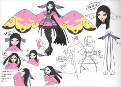 Rule 34 | 1girl, arrow (symbol), artist request, black eyes, black footwear, black hair, black thighhighs, choker, collarbone, concept art, creatures (company), eyelashes, game freak, gym leader, hair ornament, high heels, japanese clothes, long hair, long sleeves, looking at viewer, multiple views, nintendo, official art, parted lips, partially colored, pink ribbon, pokemon, pokemon xy, purple choker, purple ribbon, ribbon, sidelocks, smile, standing, thighhighs, translation request, valerie (pokemon), very long hair, w arms, wide sleeves
