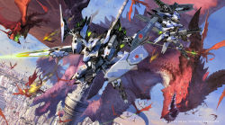 Rule 34 | artist name, battle, beam, blue sky, charging, city, cityscape, dragon, energy sword, epic, flying, gun, highres, holding, holding sword, holding weapon, japan ground self-defense force, japan self-defense force, mecha, military, no humans, robot, scales, shield, silhouette, sky, sumida (tokyo), sword, takayama toshiaki, tokyo (city), tokyo tower, tower, weapon