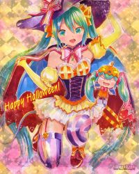 Rule 34 | 2girls, :d, aqua eyes, aqua hair, argyle, argyle background, argyle clothes, arm up, artist name, blush, cape, chibi, elbow gloves, fang, gloves, happy halloween, hat, hatsune miku, highres, holding, long hair, looking at viewer, mayo riyo, multiple girls, open mouth, smile, spring onion, striped clothes, striped legwear, striped thighhighs, thighhighs, twintails, vertical-striped clothes, vertical-striped legwear, vertical-striped thighhighs, very long hair, vocaloid, witch hat