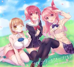 Rule 34 | 3girls, 5pb., :d, ;), antenna hair, arm up, black dress, black thighhighs, blue flower, blue rose, bow, bowtie, breasts, chaos;child, chaos;head, cherry blossoms, collarbone, collared shirt, company connection, day, dress, dress shirt, flower, gloves, grass, hair between eyes, hair bow, hair intakes, index finger raised, large breasts, long hair, long sleeves, looking at viewer, medium hair, miniskirt, multiple girls, narusawa ryouka, nishijou myu, occultic;nine, one eye closed, onoe serika, open mouth, outdoors, pink hair, pink skirt, plaid, plaid bow, plaid bowtie, plaid skirt, pleated dress, pleated skirt, purple bow, purple bowtie, purple skirt, red bow, red bowtie, red eyes, red hair, rose, sailor collar, sailor dress, sakihata rimi, salute, shiny clothes, shiny legwear, shirt, short dress, side ponytail, single glove, sitting, skirt, smile, thighhighs, white gloves, white sailor collar, white shirt, white thighhighs, wing collar, yellow eyes, zettai ryouiki