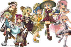 Rule 34 | 6+girls, bare shoulders, blonde hair, blue hair, detached sleeves, elbow gloves, fang, gloves, green hair, hat, john hathway, long hair, multiple girls, one eye closed, original, pink hair, red eyes, short twintails, thighhighs, twintails, waitress, watermark, white hair, wink, yellow eyes