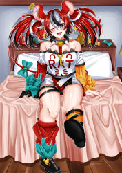 Rule 34 | 1girl, absurdres, animal ears, asymmetrical legwear, asymmetrical sleeves, bed, bed sheet, breasts, cheese, choker, commission, food, hakos baelz, highres, hololive, hololive english, knees, mouse (animal), mouse ears, mouse girl, multicolored hair, one eye closed, open mouth, panties, pillow, ribbon, rynn (darknescorez), shoe soles, shoes, skirt, tail, thighs, underwear, virtual youtuber, wink