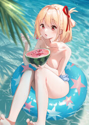 Rule 34 | 1girl, absurdres, barefoot, blonde hair, blurry, breasts, captain yina, collarbone, denim, denim shorts, depth of field, eating, feet out of frame, food, fruit, hair ribbon, highres, holding, holding food, holding spoon, innertube, knees up, looking at viewer, lycoris recoil, medium breasts, nishikigi chisato, one side up, open mouth, red eyes, ribbon, short hair, short shorts, shorts, sitting, solo, spoon, swim ring, thighs, toes, topless, water, watermelon, wet