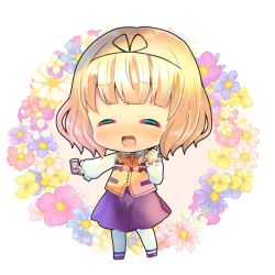 Rule 34 | 1girl, :d, ^ ^, black footwear, black skirt, blonde hair, blue flower, blush, bow, brown background, can, canned coffee, closed eyes, collared shirt, drink can, facing viewer, floral background, flower, frilled sleeves, frills, full body, gochuumon wa usagi desu ka?, holding, holding can, kirima syaro, kou hiyoyo, long sleeves, open mouth, orange bow, pantyhose, puffy long sleeves, puffy sleeves, purple flower, rabbit house uniform, shirt, shoes, skirt, sleeves past wrists, smile, solo, standing, transparent background, uniform, vest, waitress, white flower, white pantyhose, white shirt, yellow flower, yellow vest