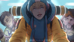 Rule 34 | 1girl, 2boys, apex legends, apex legends: pathfinder&#039;s quest, black eyes, black gloves, blonde hair, blue bodysuit, blue eyes, bodysuit, brown eyes, brown hair, checkered clothes, checkered scarf, commentary, crypto (apex legends), english commentary, english text, facial hair, fingerless gloves, frown, gloves, goatee, goggles, goggles on head, green scarf, hair between eyes, highres, hood, hood down, hood up, hooded bodysuit, hooded jacket, ifragmentix, jacket, looking at viewer, mirage (apex legends), multiple boys, nessie (respawn), ok sign, one eye closed, orange jacket, parted lips, puckered lips, scarf, wattson (apex legends), waving, white bodysuit