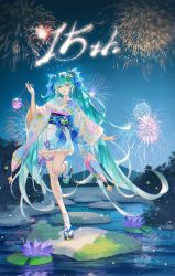 Rule 34 | 1girl, :d, anniversary, aqua eyes, aqua hair, beamed sixteenth notes, blue bow, blue flower, bow, bush, eighth note, fireflies, fireworks, floral print, flower, full body, hair bow, hair flower, hair ornament, hand up, hatsune miku, highres, japanese clothes, kimono, leg up, lily pad, long hair, looking at viewer, lotus, moss, mountain, musical note, night, okobo, open mouth, pool, sandals, short kimono, smile, socks, solo, standing, standing on one leg, stepping stones, tabi, thigh strap, tidsean, twintails, very long hair, vocaloid, white kimono, white socks, wide sleeves, zouri