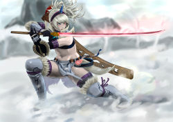 Rule 34 | 1girl, absurdres, aniy ambitious, arm belt, bandeau, bare shoulders, black bandeau, black footwear, black gloves, blue eyes, breasts, buckler, commentary request, elbow gloves, full body, fur, fur-trimmed legwear, fur trim, gloves, glowing, glowing eye, glowing sword, glowing weapon, grey thighhighs, groin, hairband, highres, holding, holding sword, holding weapon, horns, kirin (armor), loincloth, looking to the side, medium breasts, midriff, monster hunter, monster hunter: world, monster hunter (series), mountain, navel, outdoors, parted lips, sheath, shield, sidelocks, single horn, snow, solo, standing, sword, thighhighs, toned, unsheathed, weapon, white hair