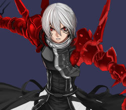 Rule 34 | 1boy, arm up, belt, blue background, character request, cropped, facial mark, hair between eyes, holding, kai-ri-sei million arthur, male focus, mhg (hellma), million arthur (series), parted lips, red eyes, simple background, sketch, solo, teeth, white hair