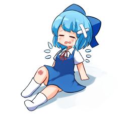 Rule 34 | 1girl, blue dress, blue hair, blush, bow, cirno, closed eyes, crossed bandaids, crying, dress, ferdy&#039;s lab, flying sweatdrops, full body, hair bow, highres, ice, ice wings, injury, knee up, leaning back, open mouth, scraped knee, shirt, short hair, short sleeves, sitting, socks, solo, streaming tears, tears, touhou, white socks, wings